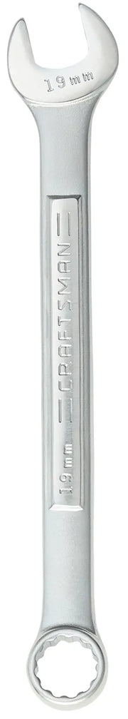 Photo of Craftsman 19mm combination wrench CMMT10947, silver, flat lay, one open end and one box end.
