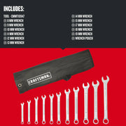 Photo of Craftsman metric wrench set CMMT10947 with 12 wrenches and black pouch, arranged on red background.