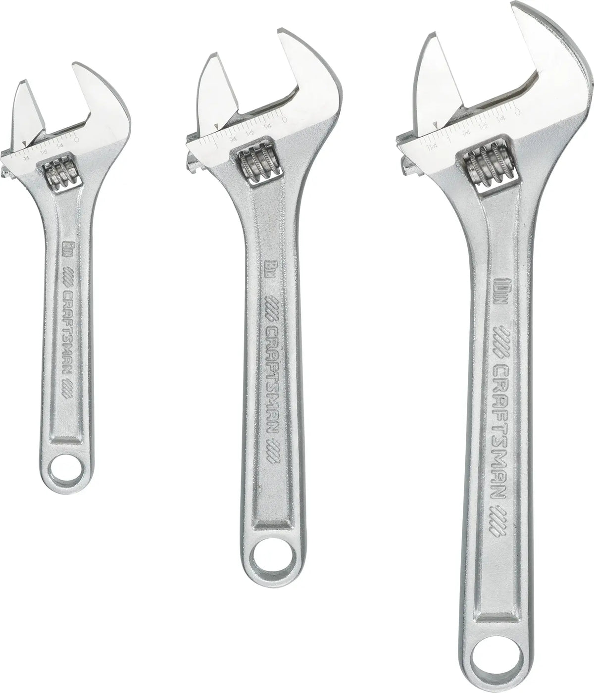 Craftsman CMMT12001 adjustable wrench set, three silver wrenches, top view, white background.