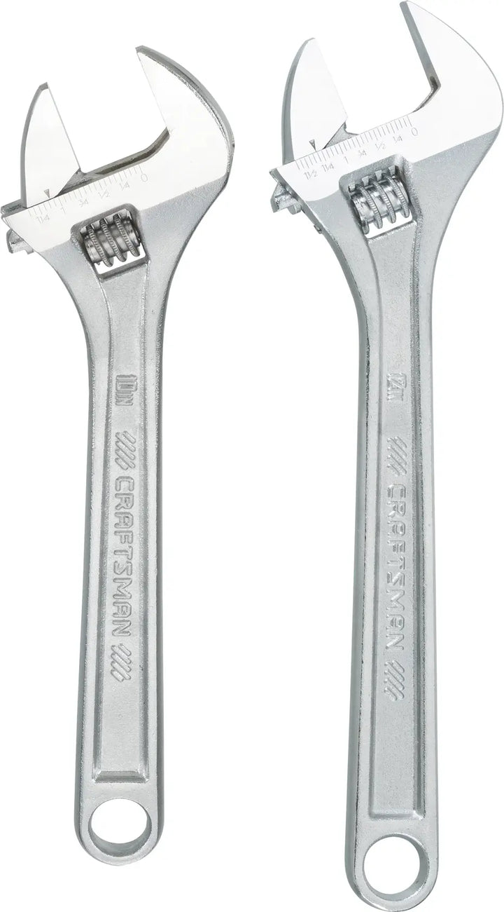 Photo of two silver Craftsman adjustable wrenches, SKU CMMT12002, front angle, on white background.