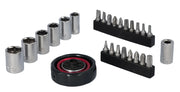 A set of hand tools including multiple metal sockets, various screwdriver bits organized in two black holders, and a compact ratcheting wrench, all displayed on a white background.