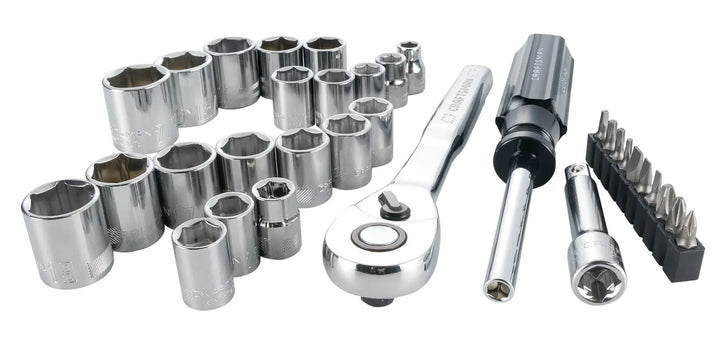 Photo of Craftsman socket and ratchet set, SKU CMMT12013, including chrome sockets, ratchet, screwdriver, and bits, angled view.
