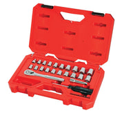 Craftsman socket wrench set CMMT12013 in red plastic case, open to show sockets, ratchet, and accessories, angled view.