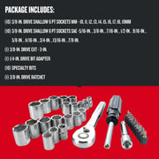 Photo of Craftsman socket and ratchet set CMMT12013 with sockets, ratchet, bit adapter, and specialty bits, front angle.