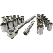Photo of CRAFTSMAN ratchet, extension bar, and multiple sockets set, SKU CMMT12030, on white background.