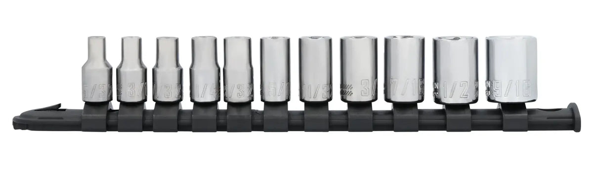CRAFTSMAN CMMT12040 socket set with 11 chrome sockets on black rail, straight-on angle, white background.