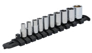 Craftsman socket set CMMT12040, 10-piece chrome sockets on black organizer, angled view.