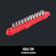 Craftsman CMMT12041 graphics showing chrome socket set on red holder, angled on white background.