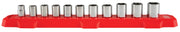 Craftsman socket set CMMT12043 with 13 chrome sockets on a red organizer, front angle, white background.