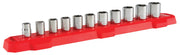 Craftsman socket set with 11 chrome sockets on a red plastic organizer, angled view, CMMT12043.