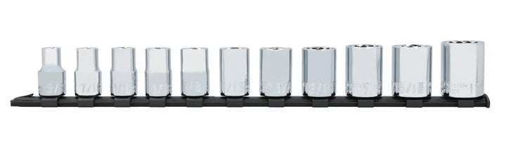 Craftsman CMMT12046 chrome hex bit socket set on black rail, front angle, 13 pieces arranged in size order.