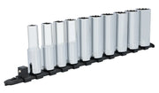 CRAFTSMAN chrome socket set with 10 deep sockets on black rail, side angle, CMMT12048.