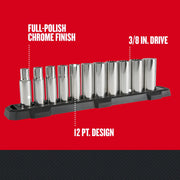 Craftsman chrome socket set with 3/8 in. drive, 12 pt. design on black tray, SKU CMMT12048, side angle.