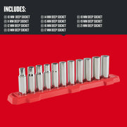 Craftsman deep socket set CMMT12049, 12 chrome sockets in red tray, front angle photo.