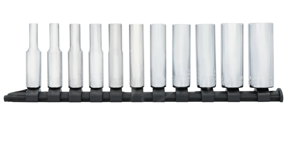 Photo of CRAFTSMAN socket set CMMT12050, 11 chrome sockets on a black rail, front view, white background.