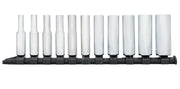 Photo of CRAFTSMAN socket set CMMT12050, 11 chrome sockets on a black rail, front view, white background.
