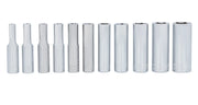 Craftsman chrome socket set CMMT12050, photography of eleven deep sockets, front angle, on white background.