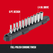 Craftsman socket set CMMT12050, 1/4 in. drive, 6 pt. design, full-polish chrome finish, side angle photo.