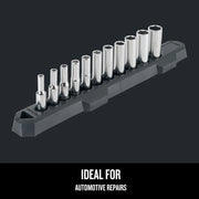 Craftsman socket set CMMT12050 on black tray, side angle, chrome finish, ideal for automotive repairs.