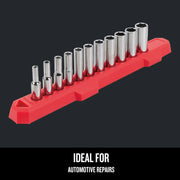 Craftsman socket set CMMT12051, chrome finish, in red holder, product angled on white background.