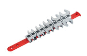 Craftsman open end wrench set CMMT43310 with red plastic organizer white background beauty shot side angle.