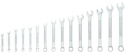 Photo of CRAFTSMAN combination wrench set SKU CMMT12066, 14-piece, silver, arranged in size order on white background.