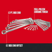 Photo of Craftsman wrench set CMMT12068 with full-polish chrome finish, 12 pt. box end, and 15° box end offset.