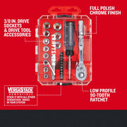 Photo of Craftsman CMMT12111 graphics, showing 3/8 in. drive socket set and accessories in clear VersaStack box, top view.