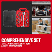 CRAFTSMAN socket set in a red case, DIY home and auto scenes, text highlights versatility.