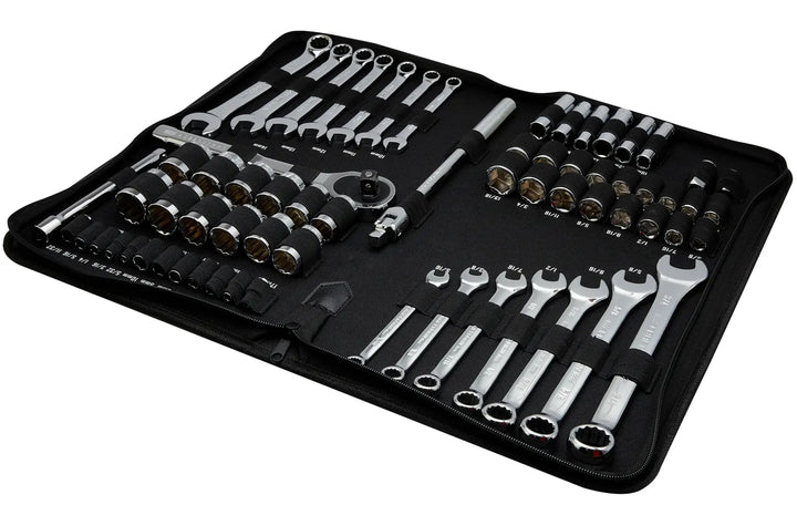 Photo of Craftsman wrench and socket set CMMT12120 in a black carrying case, angled view on white background.
