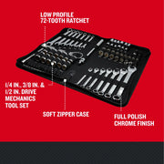 Craftsman mechanics tool set CMMT12120 with wrenches, sockets, ratchet, and accessories in a soft zipper case, angled view.