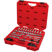 Photo of Craftsman socket and ratchet set CMMT12121 in a red plastic case, angled on white background.