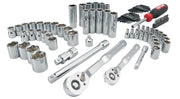 Photo of Craftsman CMMT12121 chrome socket set with ratchets, screwdriver, hex keys, and multiple sockets, front angle.