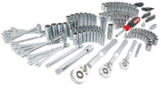 Craftsman CMMT12125 chrome mechanic tool set with wrenches, sockets, ratchets and screwdriver, top angle photo.