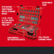CRAFTSMAN CMMT12125 mechanics tool set in red blow mold case, various sockets and ratchets, angled front view.