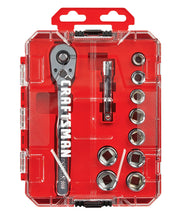 A red plastic case containing a Craftsman ratchet wrench set with multiple sockets and an extension bar, all neatly organized in designated slots.