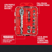 Craftsman CMMT12126 socket and ratchet set with chrome finish in clear VersaStack case, top view.