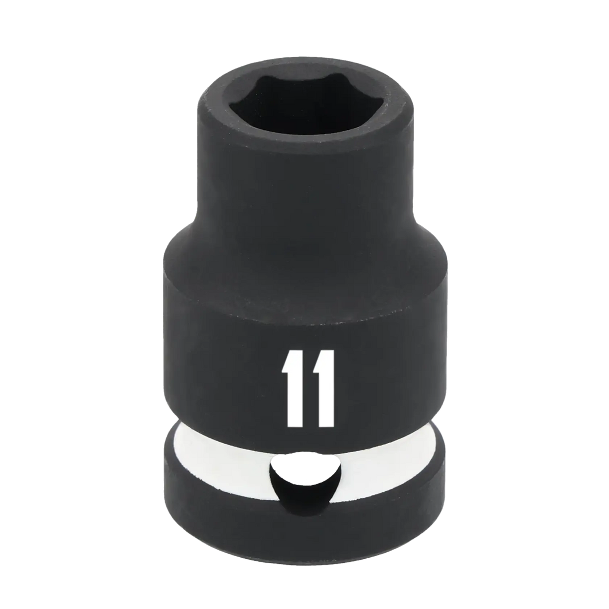 A single black impact socket with the number 11 printed in white on its side, used for attaching to a socket wrench to turn bolts or nuts.