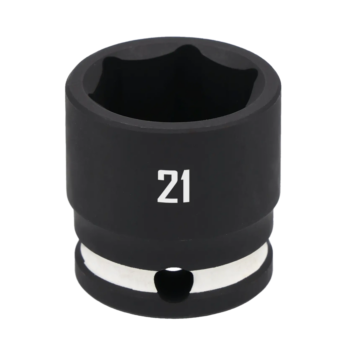 A close-up image of a black 21mm impact socket tool, typically used for tightening or loosening bolts, with a hole and metal ring near the base.