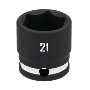 A close-up image of a black 21mm impact socket tool, typically used for tightening or loosening bolts, with a hole and metal ring near the base.