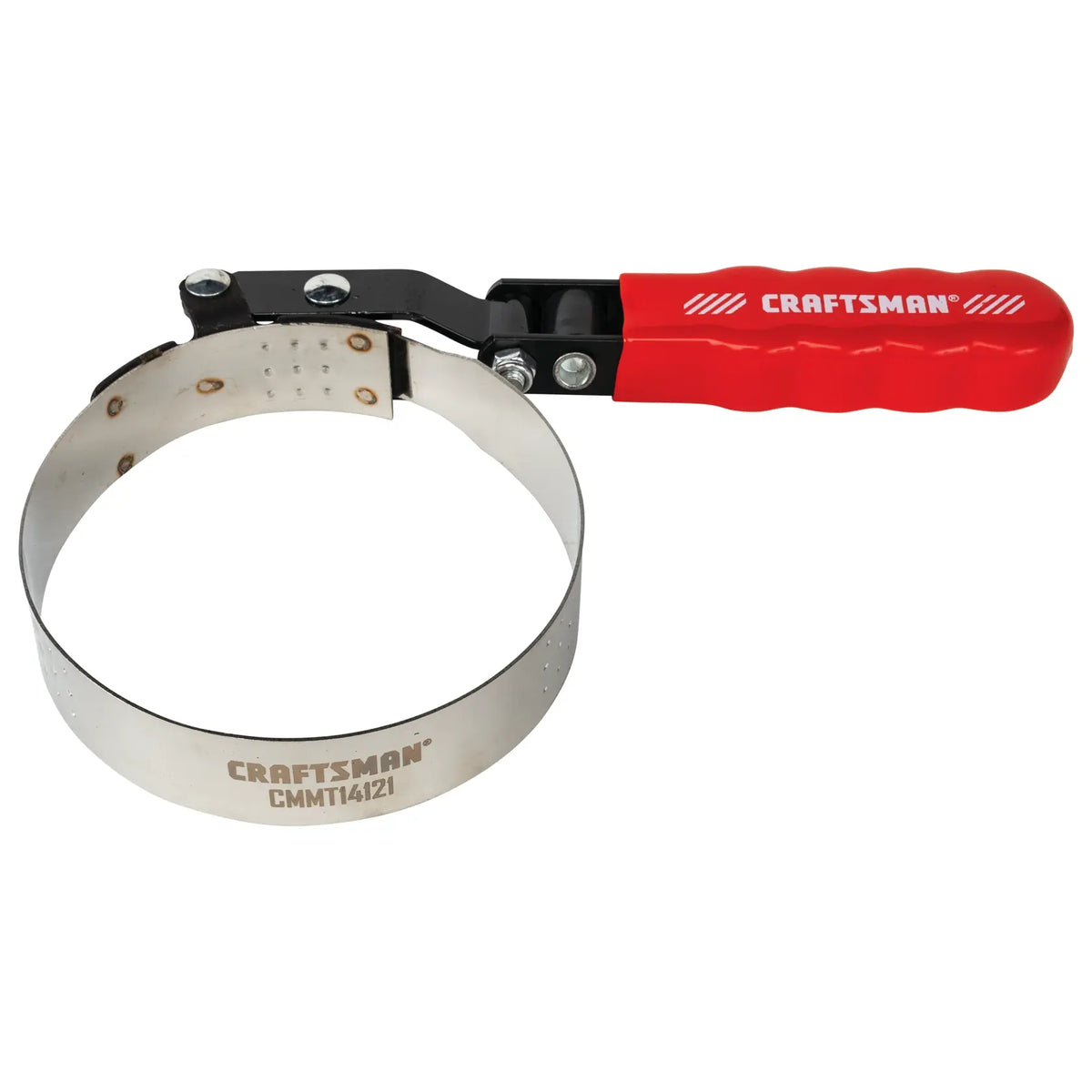 Photo of Craftsman CMMT14121 oil filter wrench with a red handle and metal adjustable band, top angle.
