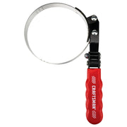Craftsman oil filter wrench with red ergonomic handle and adjustable metal band, CMMT14121, front view on white.
