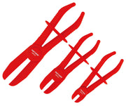 Photo of CRAFTSMAN CMMT14142 three-piece red hose clamp pliers set on white background, each with curved jaws and adjustable stop.