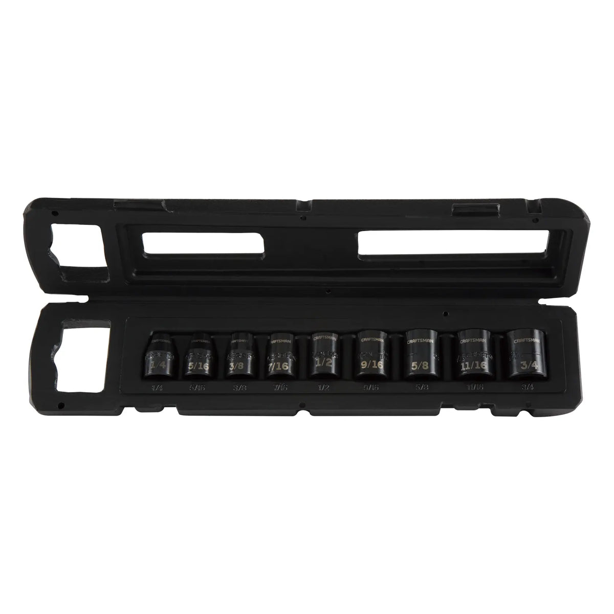 Photo of CRAFTSMAN socket set CMMT15880, black hard case open to show 10 sockets arranged by size, front angle.
