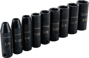 Photo of Craftsman CMMT15882 deep socket set, eight black sockets in various sizes, front angle on white background.