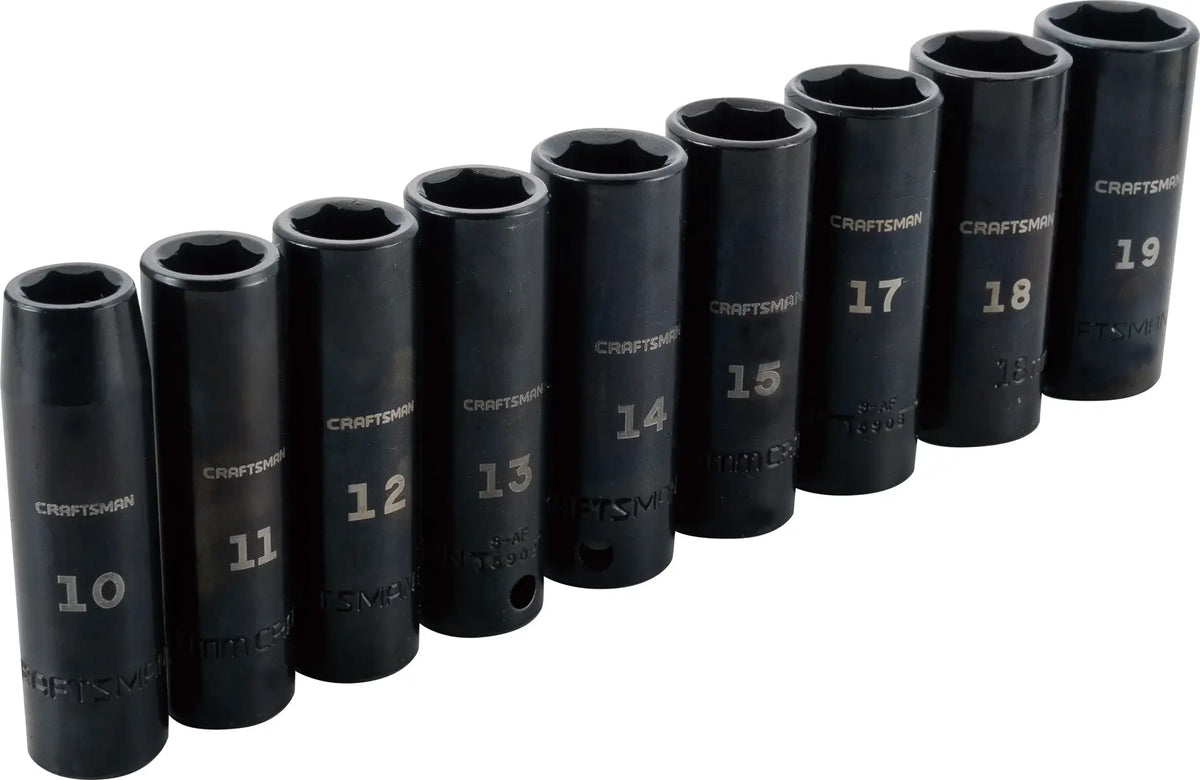 Photo of CRAFTSMAN deep impact socket set, black finish, sizes 10-19mm, front angle, SKU CMMT15883.