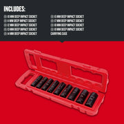 Photo of Craftsman deep impact socket set CMMT15883 with 10 black sockets in red carrying case, angled view.