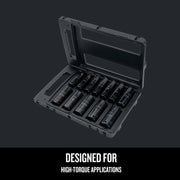 Photo of Craftsman socket set CMMT15886 in black plastic case, open to show ten black sockets arranged in two rows.