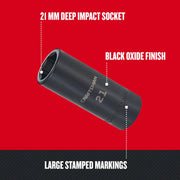 Photo of Craftsman 21 mm deep impact socket CMMT16081 with black oxide finish and large stamped markings, angled view.