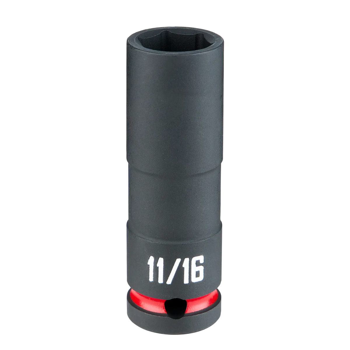 A black 11/16 inch deep impact socket with a red ring near the base, shown upright on a white background.